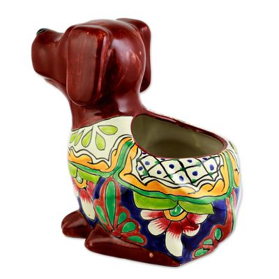 Ceramic planter, 'Talavera Dog' - Talavera Style Dog-Themed Ceramic Planter from Mexico