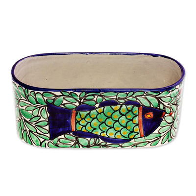 Talavera ceramic planter, 'Pescado Azul' - Talavera Style Fish-themed Ceramic Planter Box from Mexico