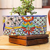 Talavera style ceramic planter, 'Rosas' - Talavera Style Ceramic Planter Box from Mexico