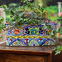 Ceramic pot, 'Garden Bliss' - Talavera Style Ceramic Oval Pot from Mexico