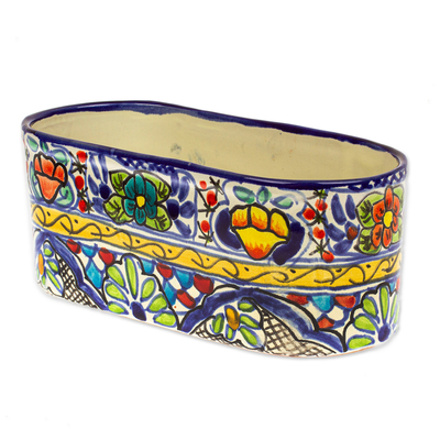 Ceramic pot, 'Garden Bliss' - Talavera Style Ceramic Oval Pot from Mexico