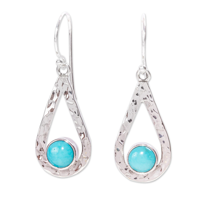 Turquoise dangle earrings, 'Luminous Rain' - Handcrafted Textured Taxco Silver Natural Turquoise Earrings