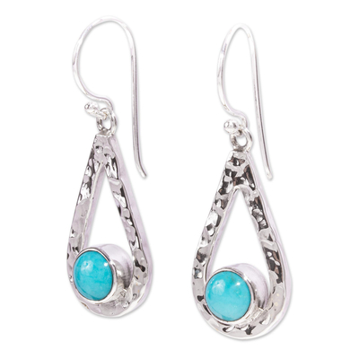 Turquoise dangle earrings, 'Luminous Rain' - Handcrafted Textured Taxco Silver Natural Turquoise Earrings