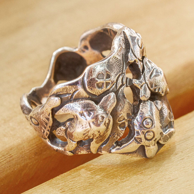 Silver ring, 'Marine World' - Sea Turtle Design 950 Silver Ring from Mexico