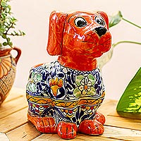 Ceramic planter, 'Best Friend' - Talavera Style Ceramic Dog Planter from Mexico