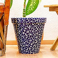 Ceramic flower pot, 'Puebla Petals' (13 inch) - 13-Inch Blue & Ivory Talavera Style Ceramic Flower Pot