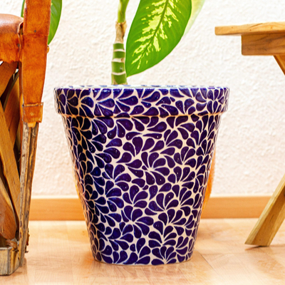 Keramik-Blumentopf, (13 Zoll) - 13-Zoll-Keramik-Blumentopf im blauen und elfenbeinfarbenen Talavera-Stil