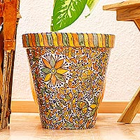Ceramic flower pot, 'Warm Garden' - 12-Inch Ornate Talavera Style Ceramic Flower Pot