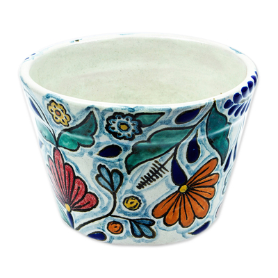 Ceramic flower pot, 'Holiday Garden' - 6-Inch Green & Multicolour Talavera Style Ceramic Flower Pot