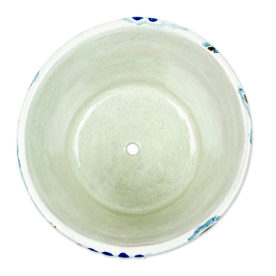 Ceramic flower pot, 'Holiday Garden' - 6-Inch Green & Multicolor Talavera Style Ceramic Flower Pot