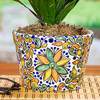 Ceramic flower pot, 'Puebla Garden' - 6-Inch Multicolour Talavera Style Ceramic Flower Pot