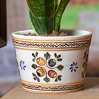 Ceramic flower pot, 'Puebla Courtyard' - 12-Inch Multicolour Talavera Style Ceramic Flower Pot