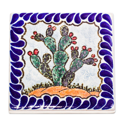 Ceramic coasters, 'Desert View' (set of 4) - Square Ceramic Coasters with Cacti (Set of 4)
