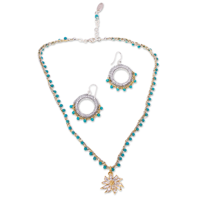 Gold accent jewelry set, 'Flower in Gold' - Turquoise Bead Necklace and Earring Set from Mexico