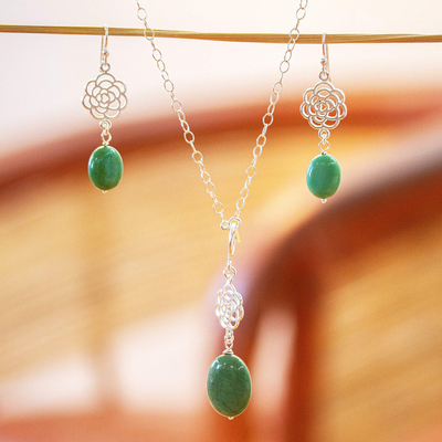 Turquoise necklace and earring set, 'Turquoise Roses' - Sterling Silver and Turquoise Necklace and Earring Set