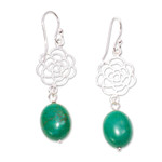 Turquoise necklace and earring set, 'Turquoise Roses' - Sterling Silver and Turquoise Necklace and Earring Set