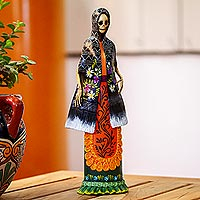Ceramic sculpture, 'Catrina Dolores' - Ceramic Catrina with Floral Mantle from Mexico