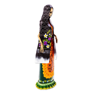 Ceramic sculpture, 'La Catrina Dolores' - Ceramic Catrina with Floral Mantle from Mexico