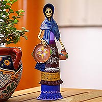 Ceramic sculpture, 'Catrina Tomasa' - Ceramic Catrina Sculpture with Blue Mantle from Mexico