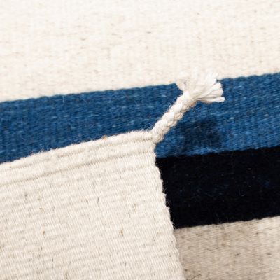 Tapete de lana zapoteca, (2x3.5) - Tapete moderno tejido a mano de lana zapoteca en azul y blanco