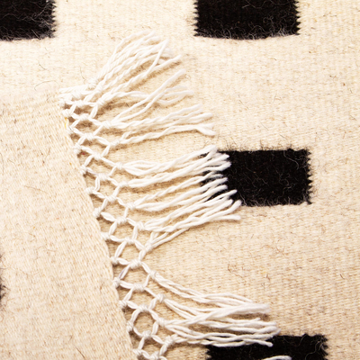 Corredor de lana zapoteca, (1.5x3.5) - Alfombra de lana zapoteca moderna tejida a mano en blanco y negro 1.5x3.5