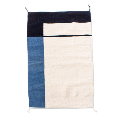 Blue and White Modern Handwoven Zapotec Wool Rug