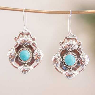 Turquoise dangle earrings, 'Florid' - Ornate Turquoise Dangle Earrings from Mexico