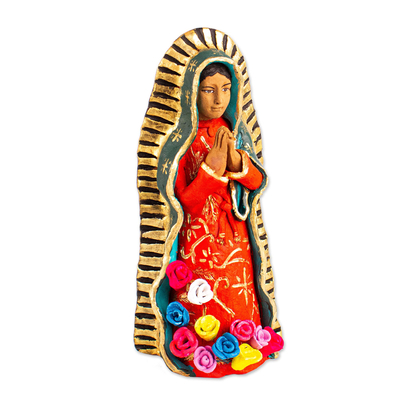 Keramische Skulptur, 'Guadalupe Jungfrau mit Rosen' - Keramische Guadalupe Jungfrau mit Rosen Skulptur aus Mexiko
