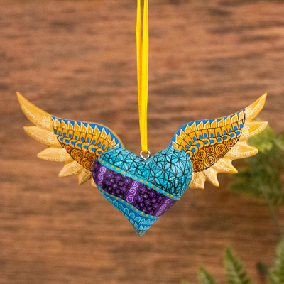 Wood alebrije ornament, 'Winged Turquoise Heart' - Alebrije Winged Heart Copal Wood Ornament from Mexico