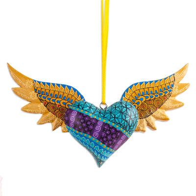 Wood alebrije ornament, 'Winged Turquoise Heart' - Alebrije Winged Heart Copal Wood Ornament from Mexico