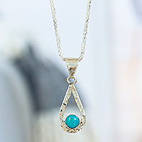 Turquoise pendant necklace, 'Luminous Rain' - Natural Turquoise Handcrafted Textured Taxco Silver Necklace