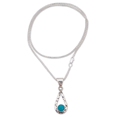 Turquoise pendant necklace, 'Luminous Rain' - Natural Turquoise Handcrafted Textured Taxco Silver Necklace