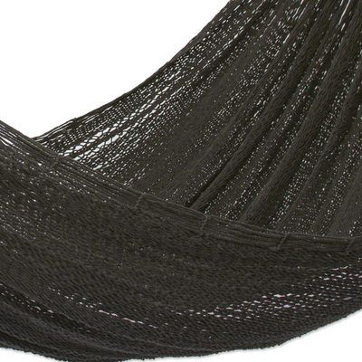 Cotton rope hammock, 'Uxmal Black' (double) - Hand Woven Black Cotton Rope Hammock (Double)