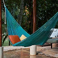 Cotton rope hammock, 'Uxmal Peacock' (single) - Azure Cotton Rope Hammock (Single)