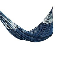 Cotton rope hammock, 'Uxmal Navy' (double) - Navy Blue Cotton Hammock (Double)