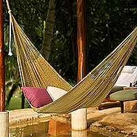 Cotton rope hammock, 'Uxmal Olive' (double) - Hand Woven Green Cotton Hammock (Double)