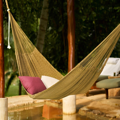 Cotton rope hammock, 'Uxmal Olive' (double) - Hand Woven Green Cotton Hammock (Double)