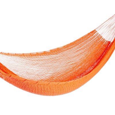 Cotton rope hammock, 'Sunset Siesta' (Triple) - Flame Orange Cotton Rope Hammock (Triple) from Mexico
