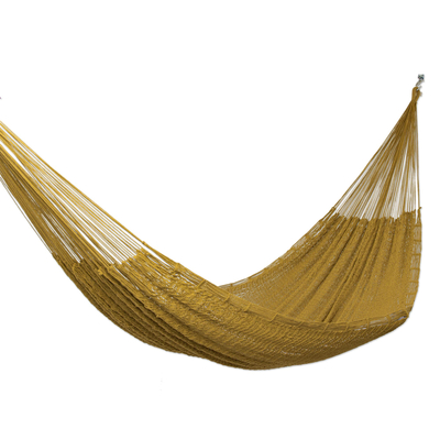 Cotton rope hammock, 'Uxmal Ocher' (triple) - Artisan Crafted Ocher Rope Hammock (Triple)