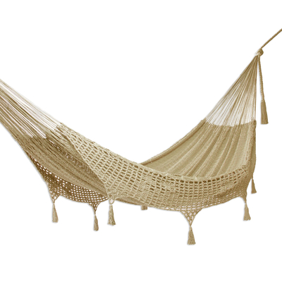 Cotton rope hammock, 'Mirage in Grey' (double) - Hand Woven Grey Cotton Hammock (Double)