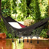 Cotton rope hammock, 'Mirage in Black' (double) - Black Hammock with Macrame Panels (Double)