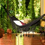 Cotton rope hammock, 'Mirage in Black' (double) - Black Hammock with Macrame Panels (Double)