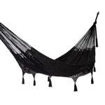 Cotton rope hammock, 'Mirage in Black' (double) - Black Hammock with Macrame Panels (Double)