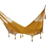 Cotton rope hammock, 'Veranda in Honey' (double) - Amber Brown Tasseled Cotton Hammock (Double) from Mexico