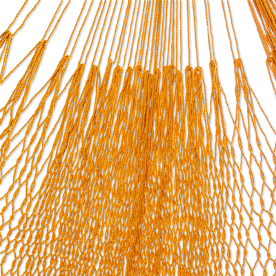 Cotton rope hammock, 'Veranda in Honey' (double) - Amber Brown Tasseled Cotton Hammock (Double) from Mexico