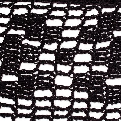 Cotton rope hammock, 'Veranda in Black' (Triple) - Coal Black Tasseled Cotton Hammock (Triple) from Mexico