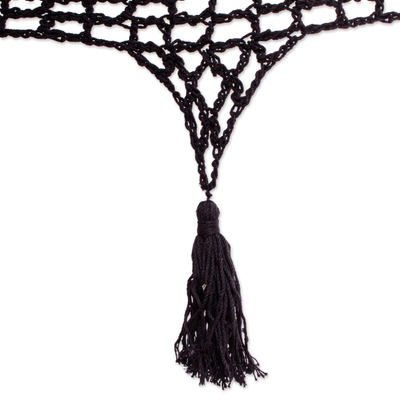 Hamaca de cuerda de algodón, (Triple) - Hamaca de algodón con borlas negro carbón (triple) de México