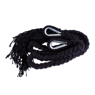 Cotton rope hammock, 'Veranda in Black' (Triple) - Coal Black Tasseled Cotton Hammock (Triple) from Mexico