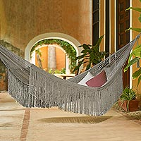 Cotton rope hammock, 'Cascade in Grey' (double) - Grey Rope Hammock with Fringe (Double)