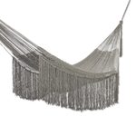 Cotton rope hammock, 'Cascade in Grey' (double) - Grey Rope Hammock with Fringe (Double)